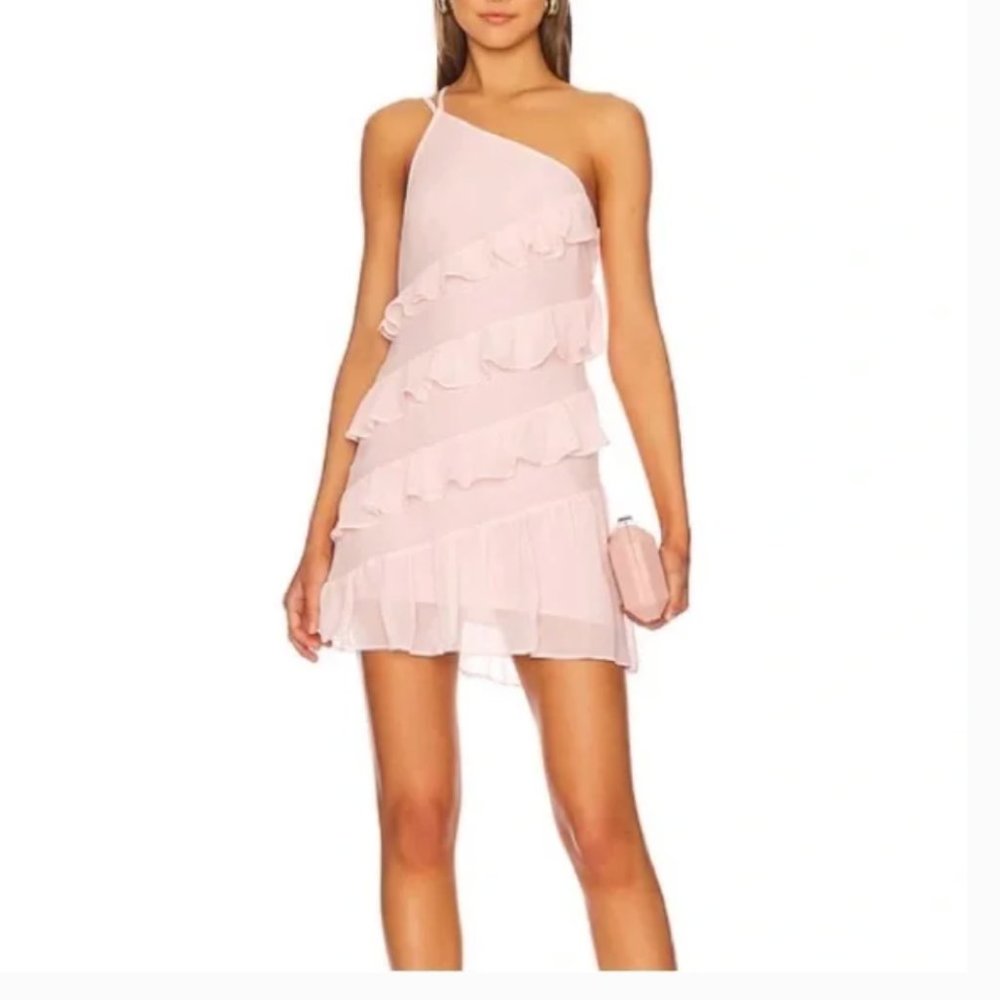 Lovers + Friends Tiered Ruffle One Shoulder Pink Dress